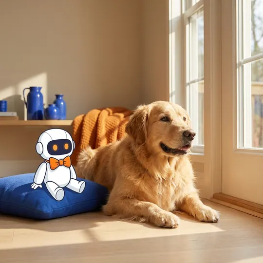 A golden retriever resting by a sunny window, with Vet the Puptide robot helper sitting on a blue dog bed