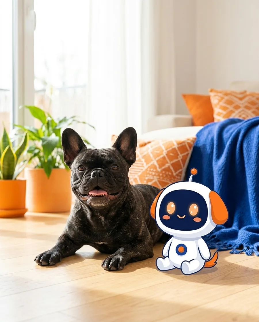 A smiling brindle French bulldog lying on a sunny floor next to Vet, the Puptide robot helper